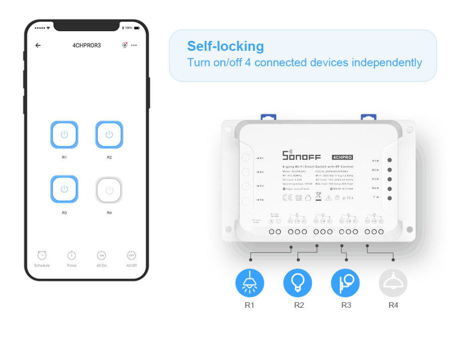 SMARTHOME Controlador de Luz Inteligente y control Remoto 4CHPRO - SonOff 110v 4 Canales de Control